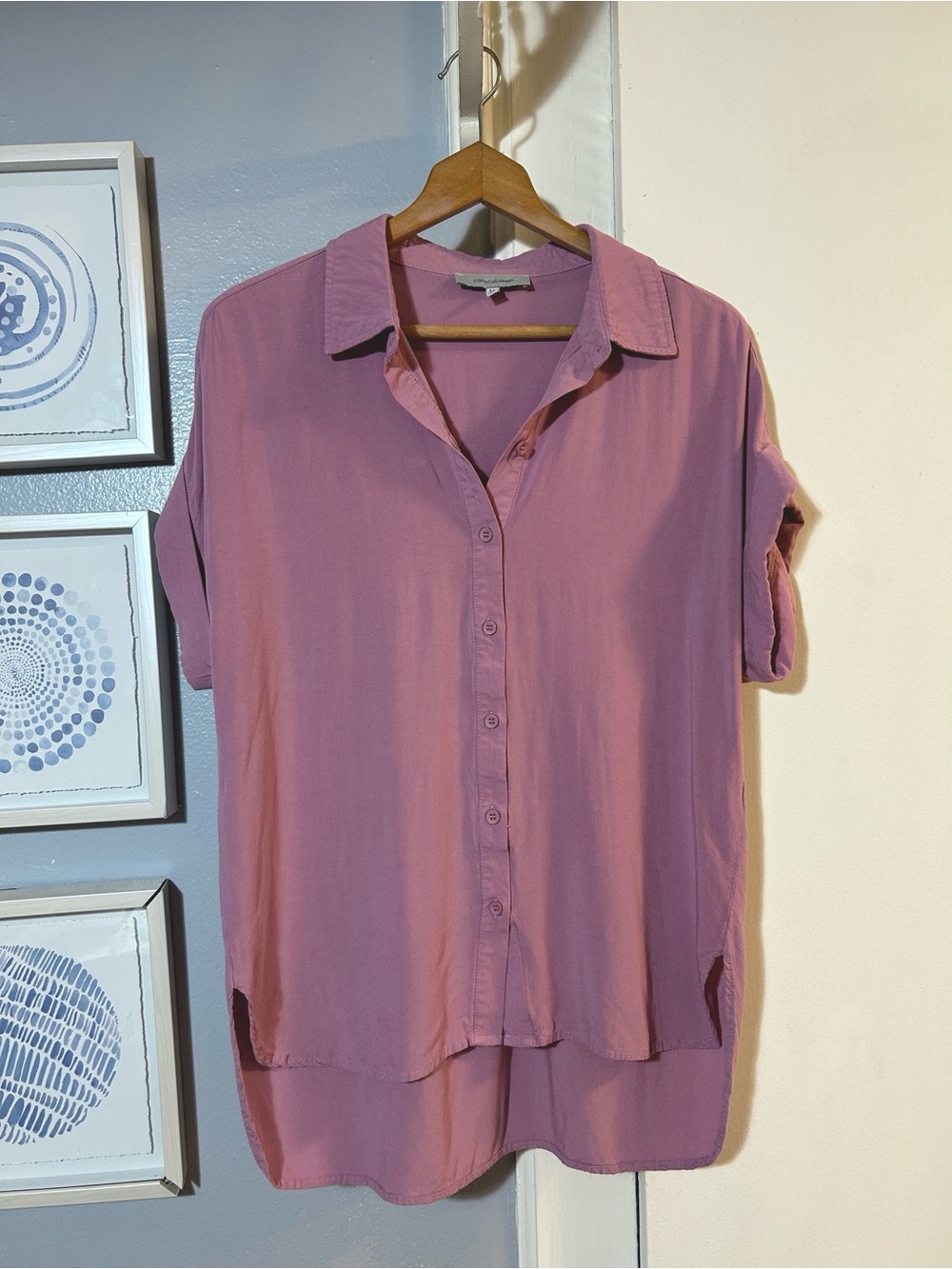 Casa Cabana Relaxed High/Low Button-Front Short Sleeve Shirt Dusty Rose Size M